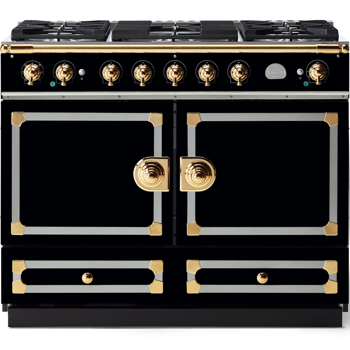 La Cornue 43 inch Double Oven Dual Fuel Range with Polished Brass Detail