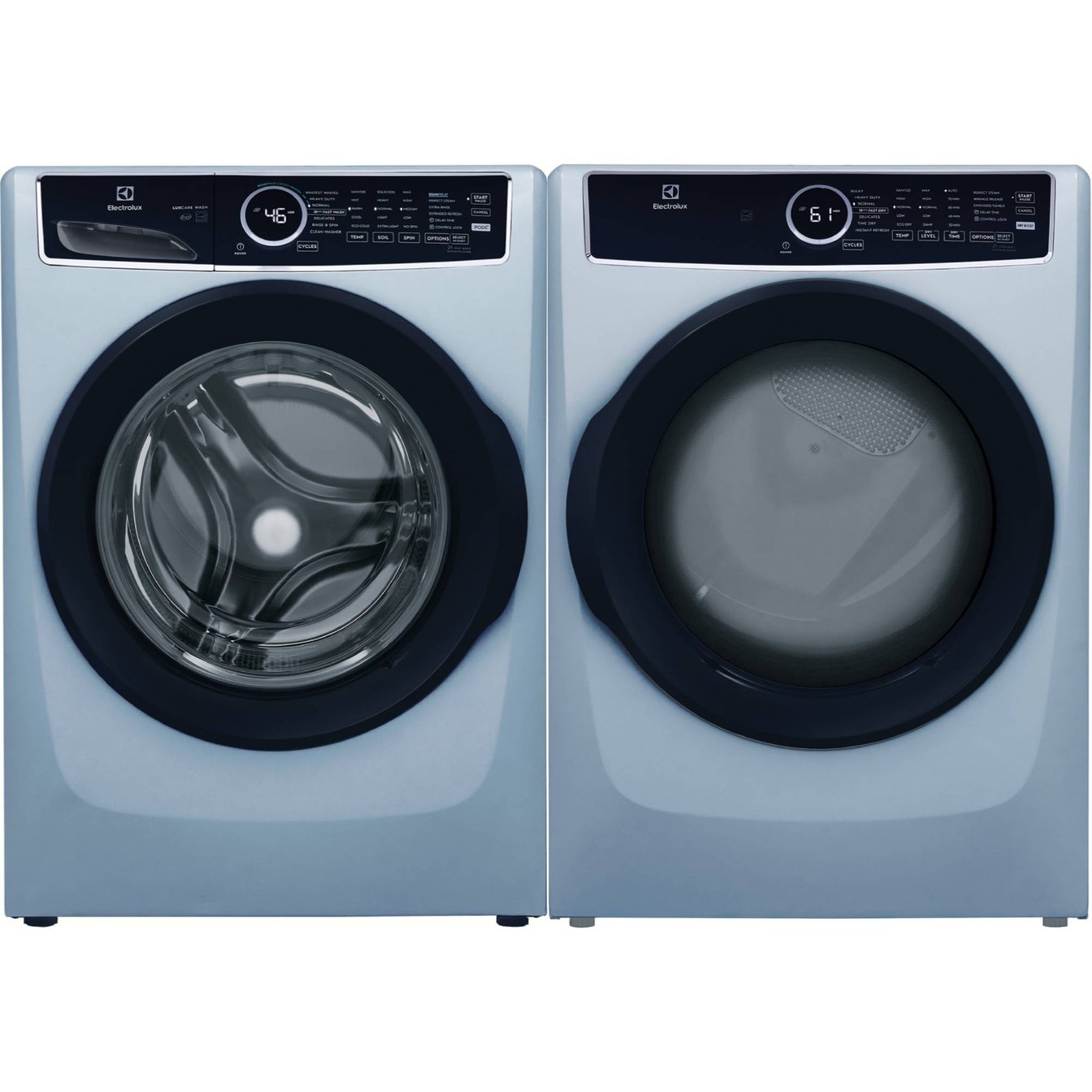 Electrolux Glacier Blue 4.5 cu.ft. Stackable Front Load Steam Washer and 8.0 cu.ft. Stackable Steam Vented Dryer