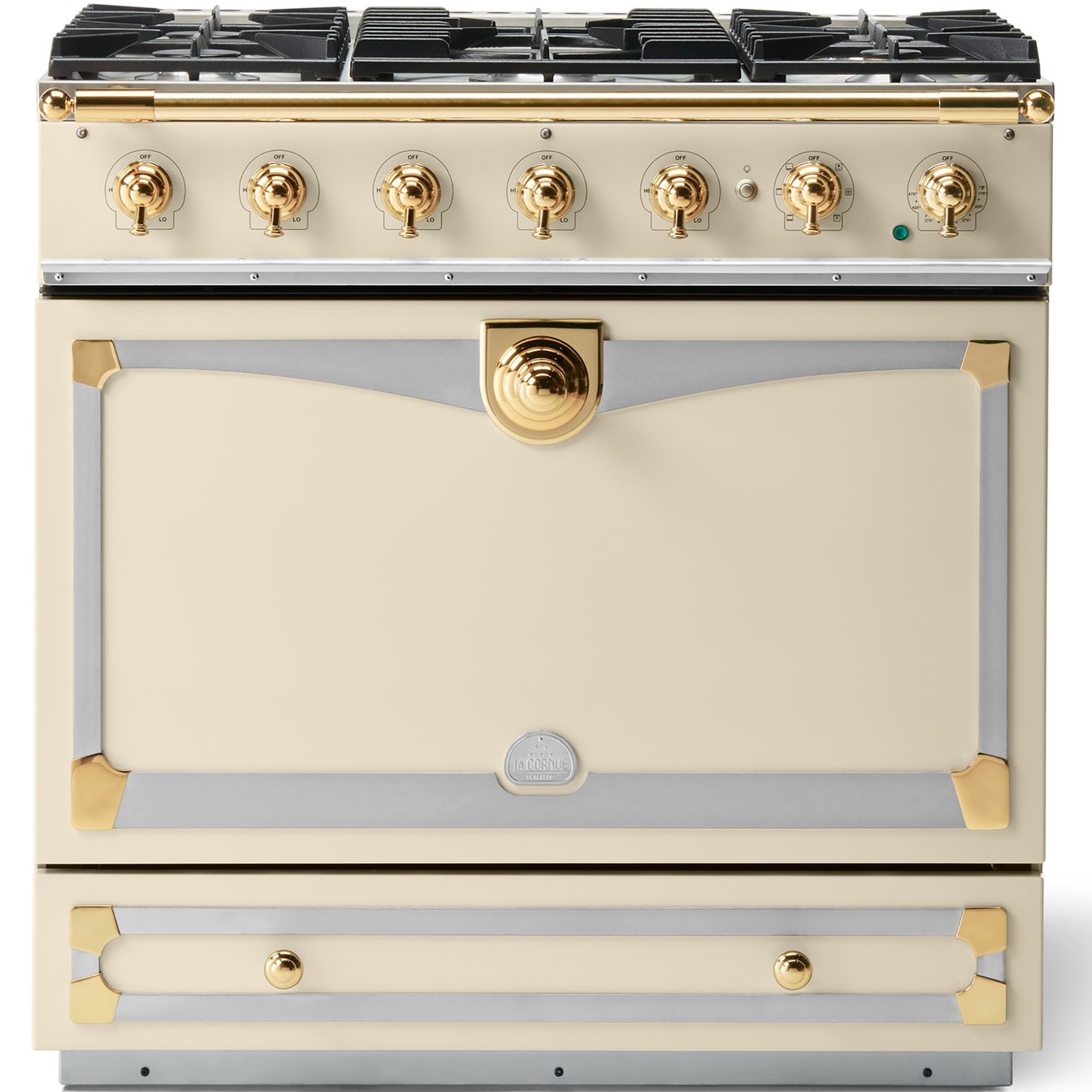 La Cornue 35 inch Single Oven Dual Fuel Range with Polished Brass Detail