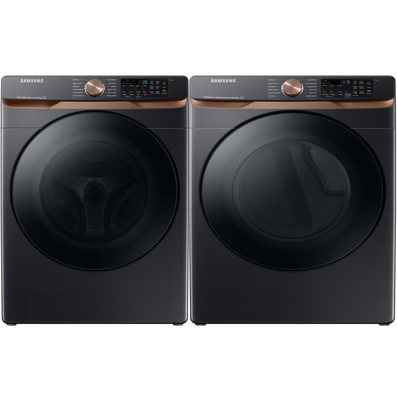 Samsung Black Stainless Steel 5.8 cu.ft. Stackable Front Load Steam Washer and 7.5 cu.ft. Steam Vented Dryer