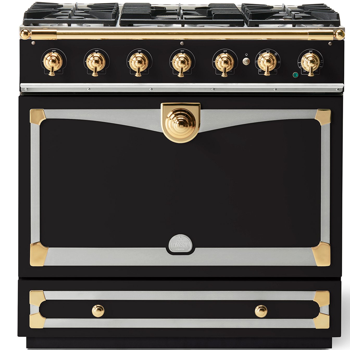La Cornue 35 inch Single Oven Dual Fuel Range with Polished Brass Detail