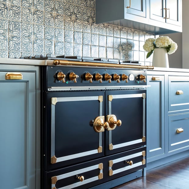 La Cornue 43 inch Double Oven Dual Fuel Range with Polished Brass Detail