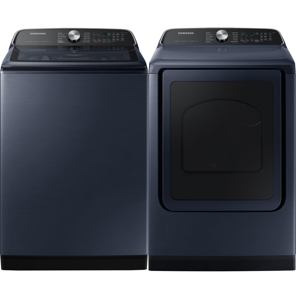 Samsung Navy Steel 6.1 cu.ft. Top-Load Washer and 7.4 cu.ft. Steam Vented Dryer
