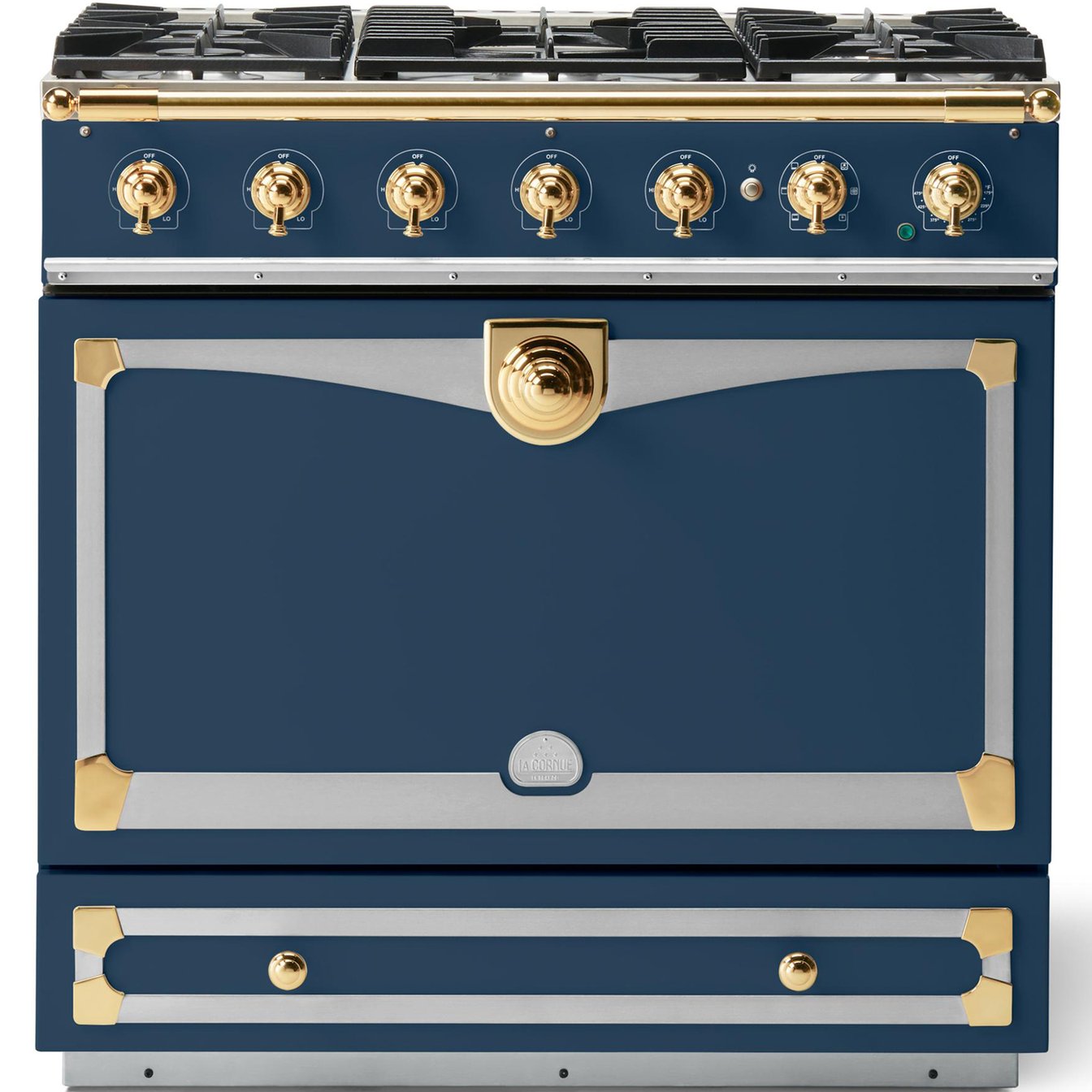 La Cornue 35 inch Single Oven Dual Fuel Range with Polished Brass Detail