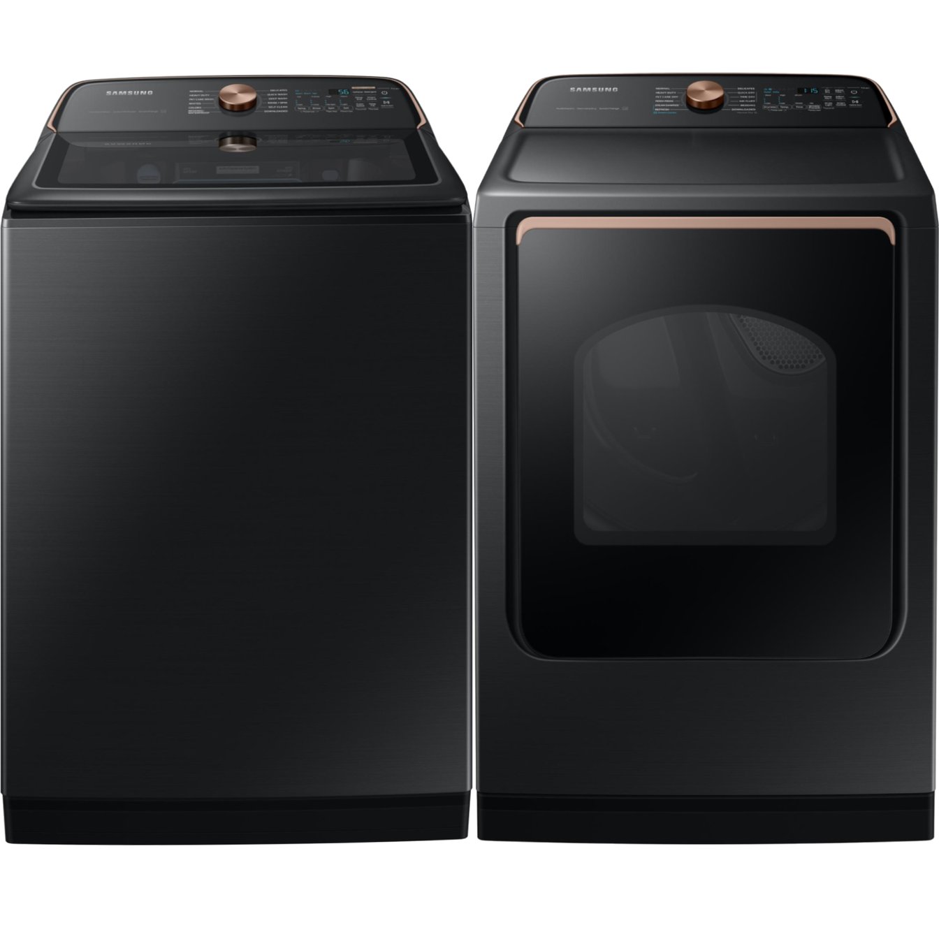 Samsung Black Stainless 6.2 cu.ft. Top-Load Washer and 7.4 cu.ft. Steam Vented Dryer