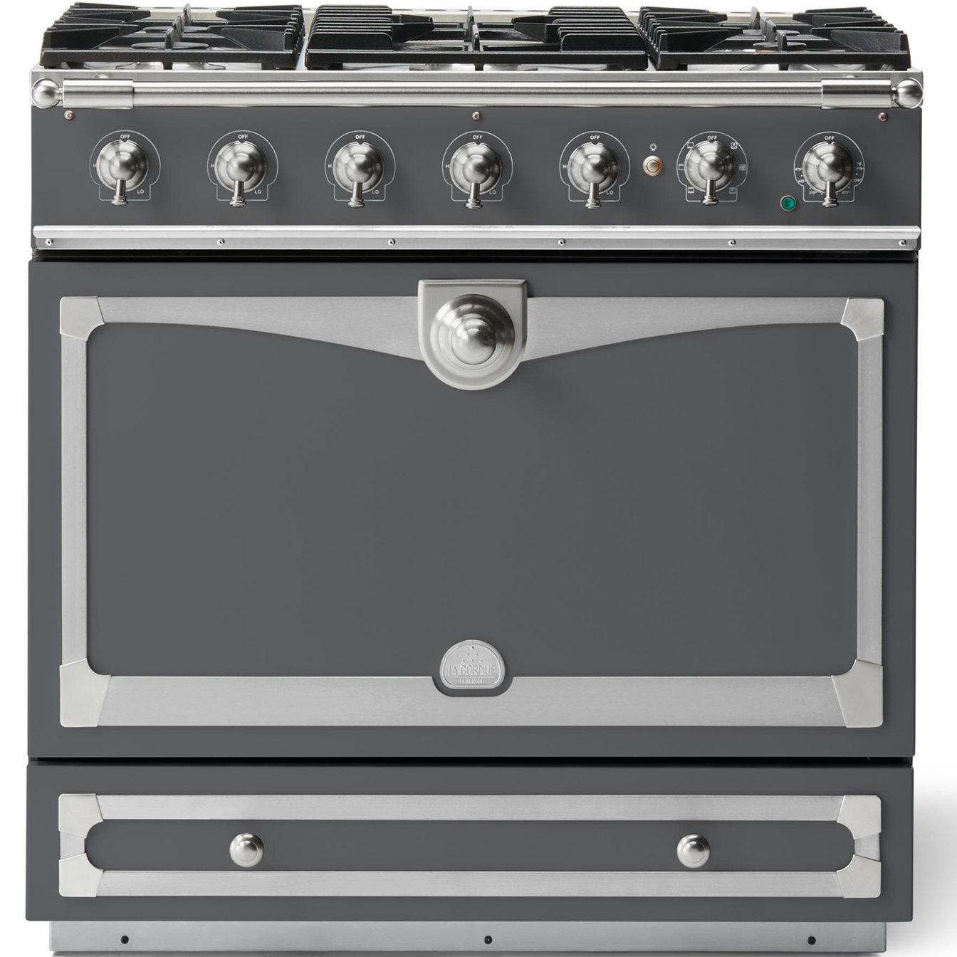La Cornue 35 inch Single Oven Dual Fuel Range with Satin Chrome Detail