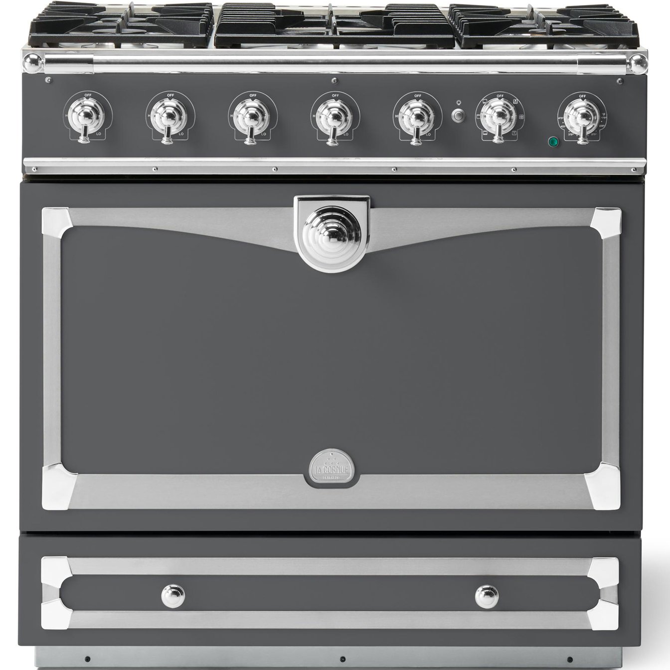 La Cornue 35 inch Single Oven Dual Fuel Range with Polished Chrome Detail