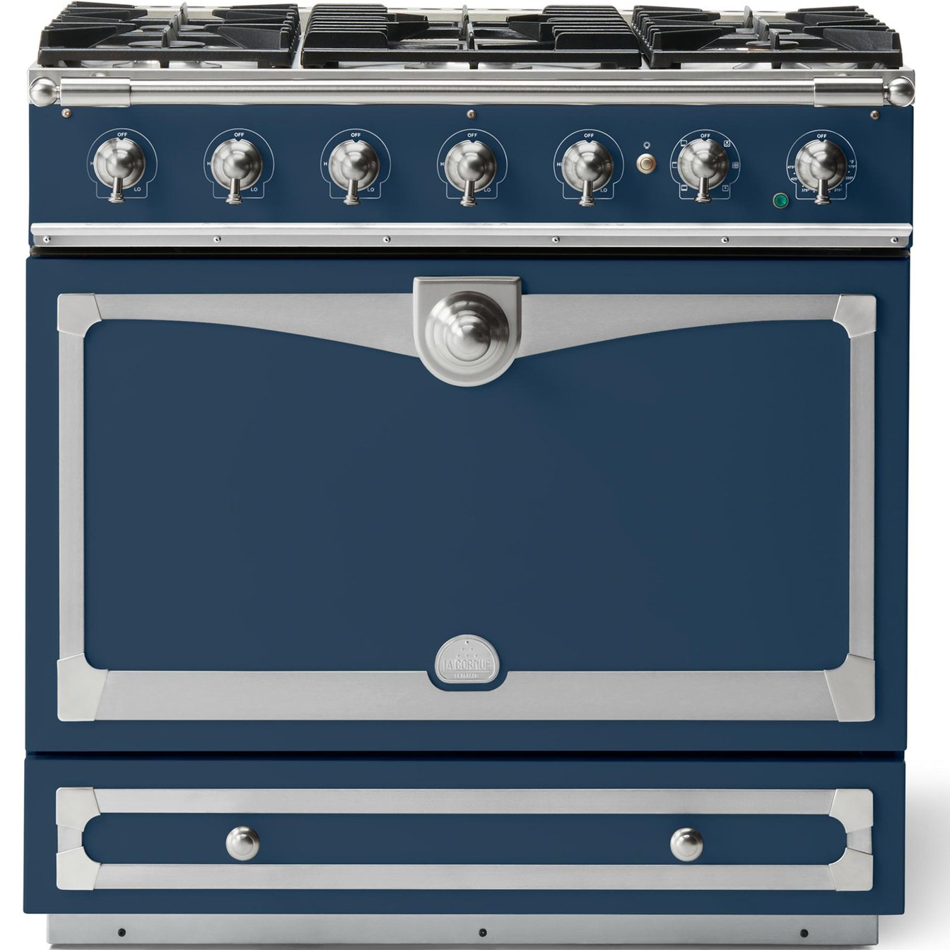 La Cornue 35 inch Single Oven Dual Fuel Range with Satin Chrome Detail