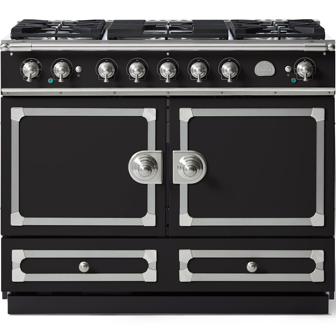 La Cornue 43 inch Double Oven Dual Fuel Range with Brushed Nickel Detail