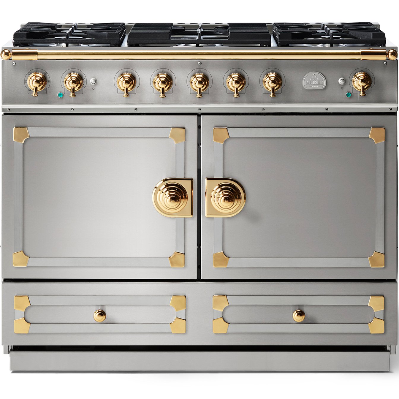 La Cornue 43 inch Double Oven Dual Fuel Range with Polished Brass Detail