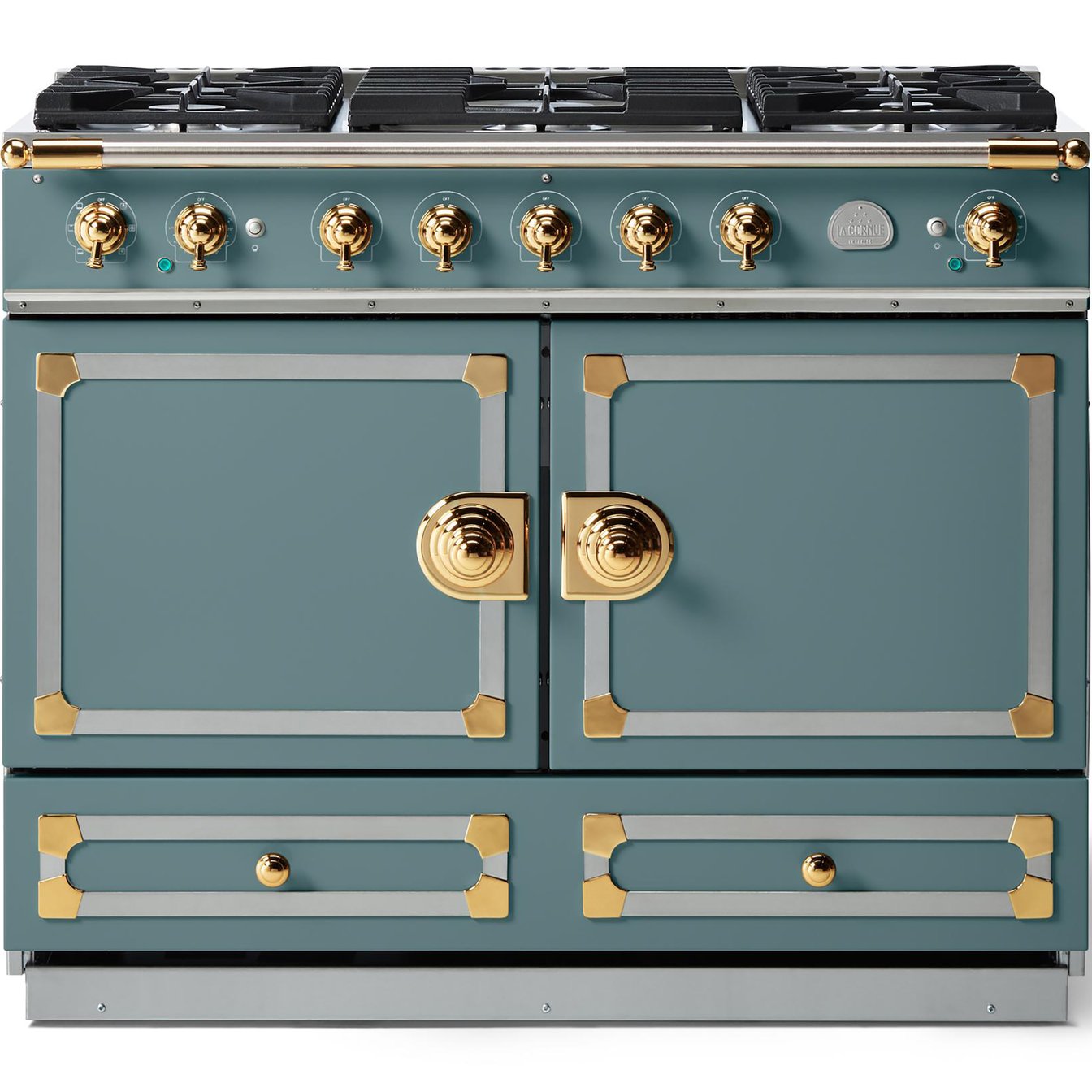 La Cornue 43 inch Double Oven Dual Fuel Range with Polished Brass Detail