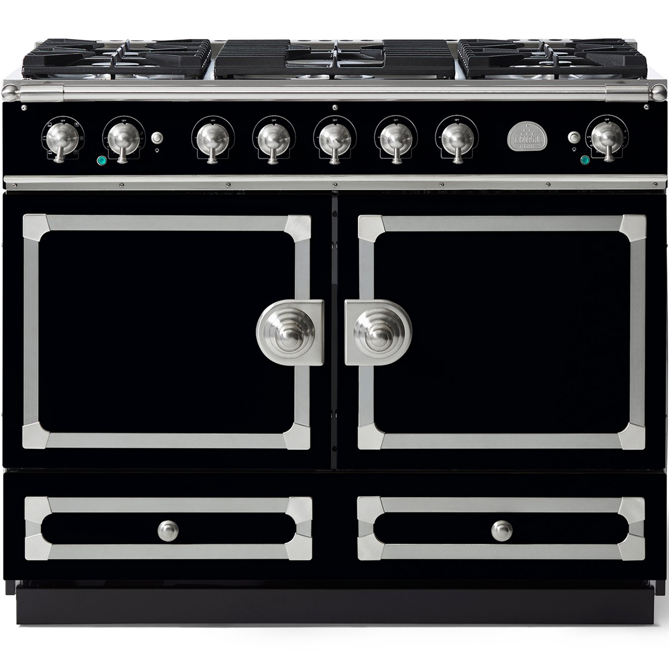 La Cornue 43 inch Double Oven Dual Fuel Range with Brushed Nickel Detail