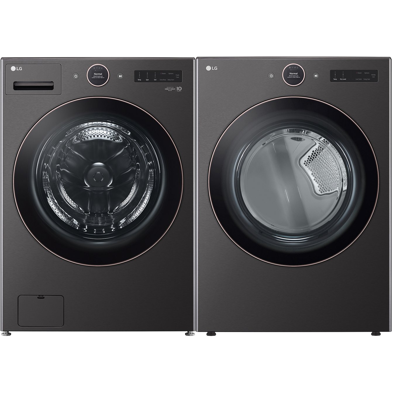 LG Black 5.8 cu.ft. Front Load Washer and 7.4 cu.ft. Stackable Steam Vented Dryer