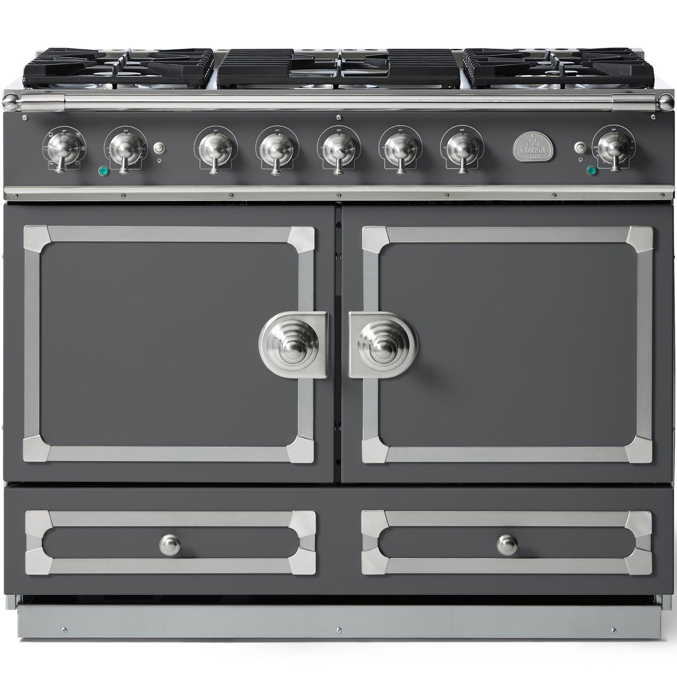 La Cornue 43 inch Double Oven Dual Fuel Range with Satin Chrome Detail