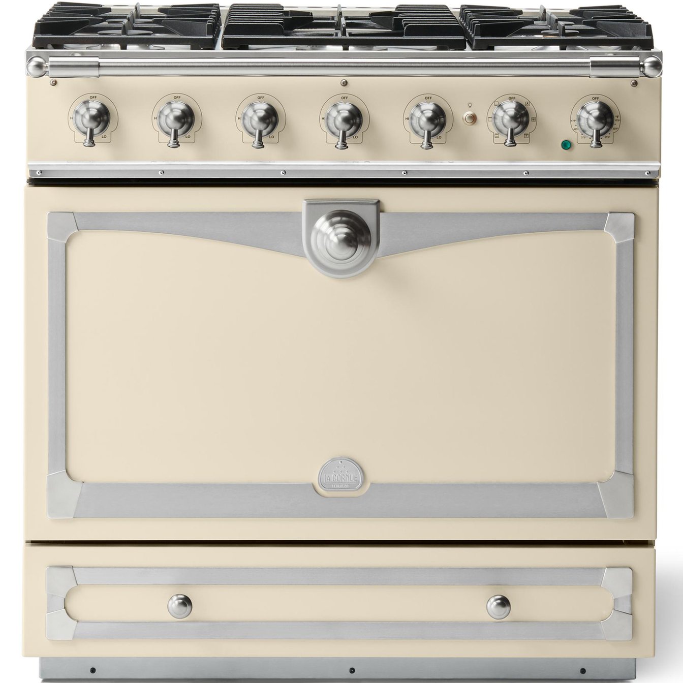 La Cornue 35 inch Single Oven Dual Fuel Range with Satin Chrome DetailLa Cornue 35 inch Single Oven Dual Fuel Range with Satin Chrome Detail