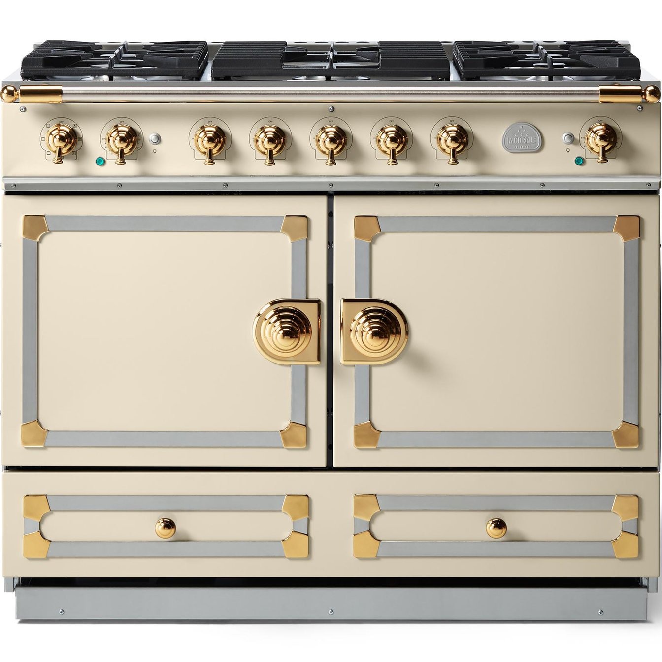 La Cornue 43 inch Double Oven Dual Fuel Range with Polished Brass Detail