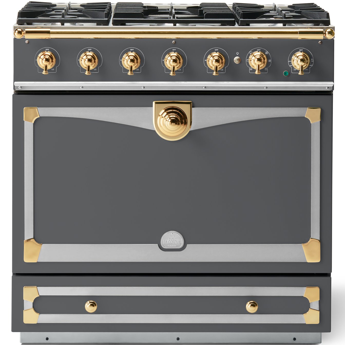 La Cornue 35 inch Single Oven Dual Fuel Range with Polished Brass Detail