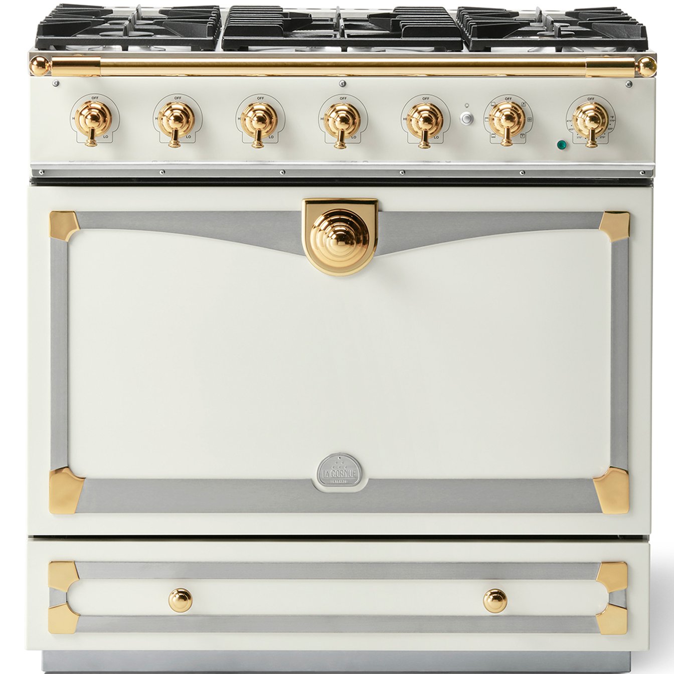 La Cornue 35 inch Single Oven Dual Fuel Range with Polished Brass Detail
