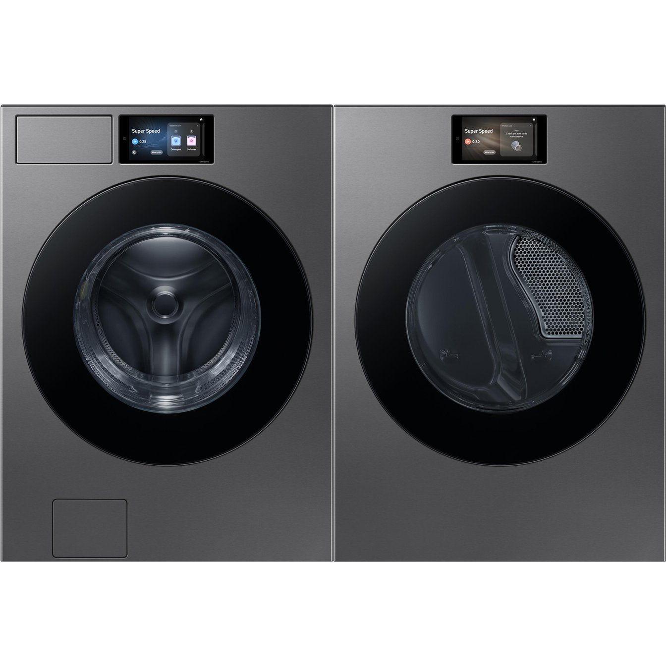 Samsung Black Steel 6.1 cu.ft Stackable Front Load Washer and 7.6 cu.ft. Steam Vented Dryer