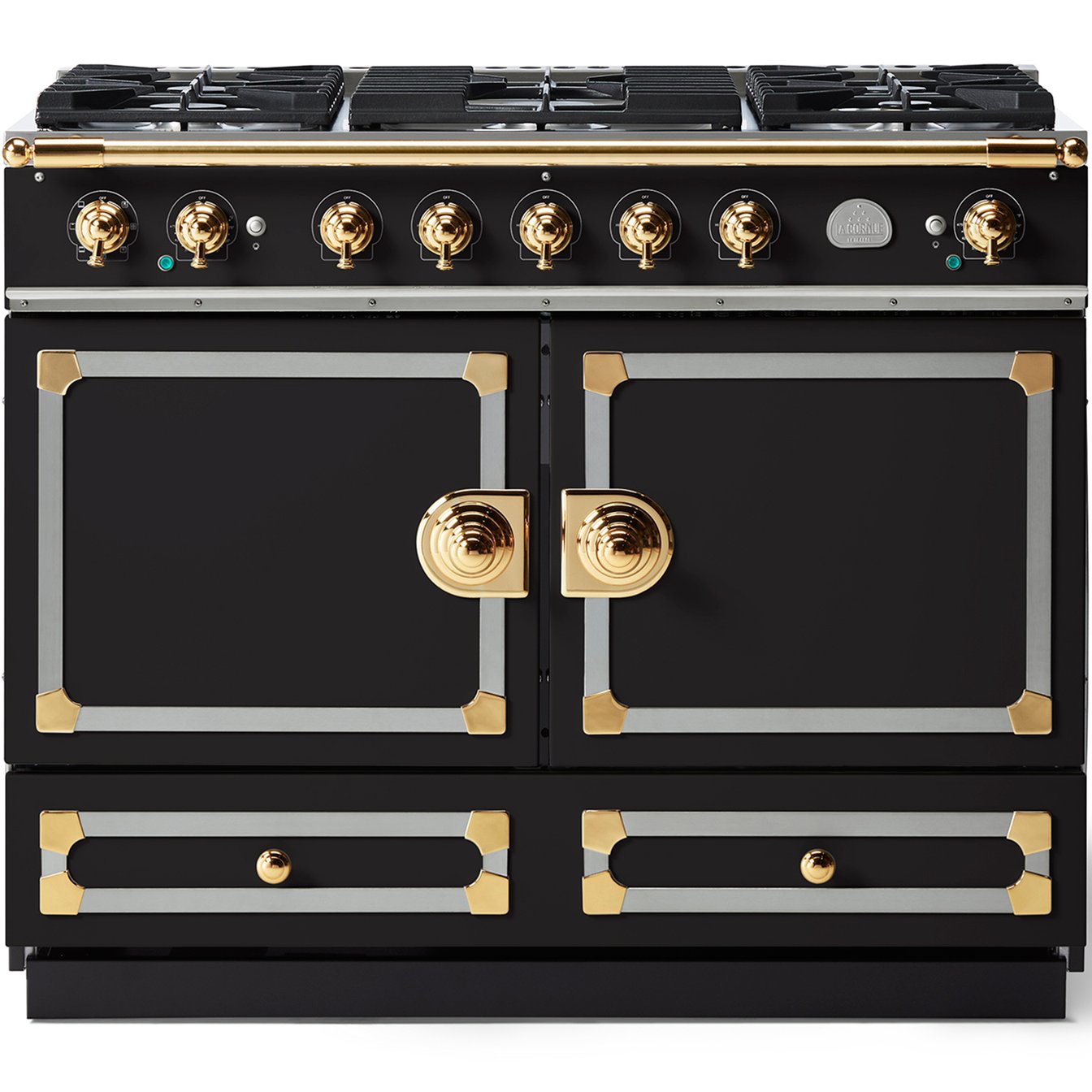 La Cornue 43 inch Double Oven Dual Fuel Range with Polished Brass Detail