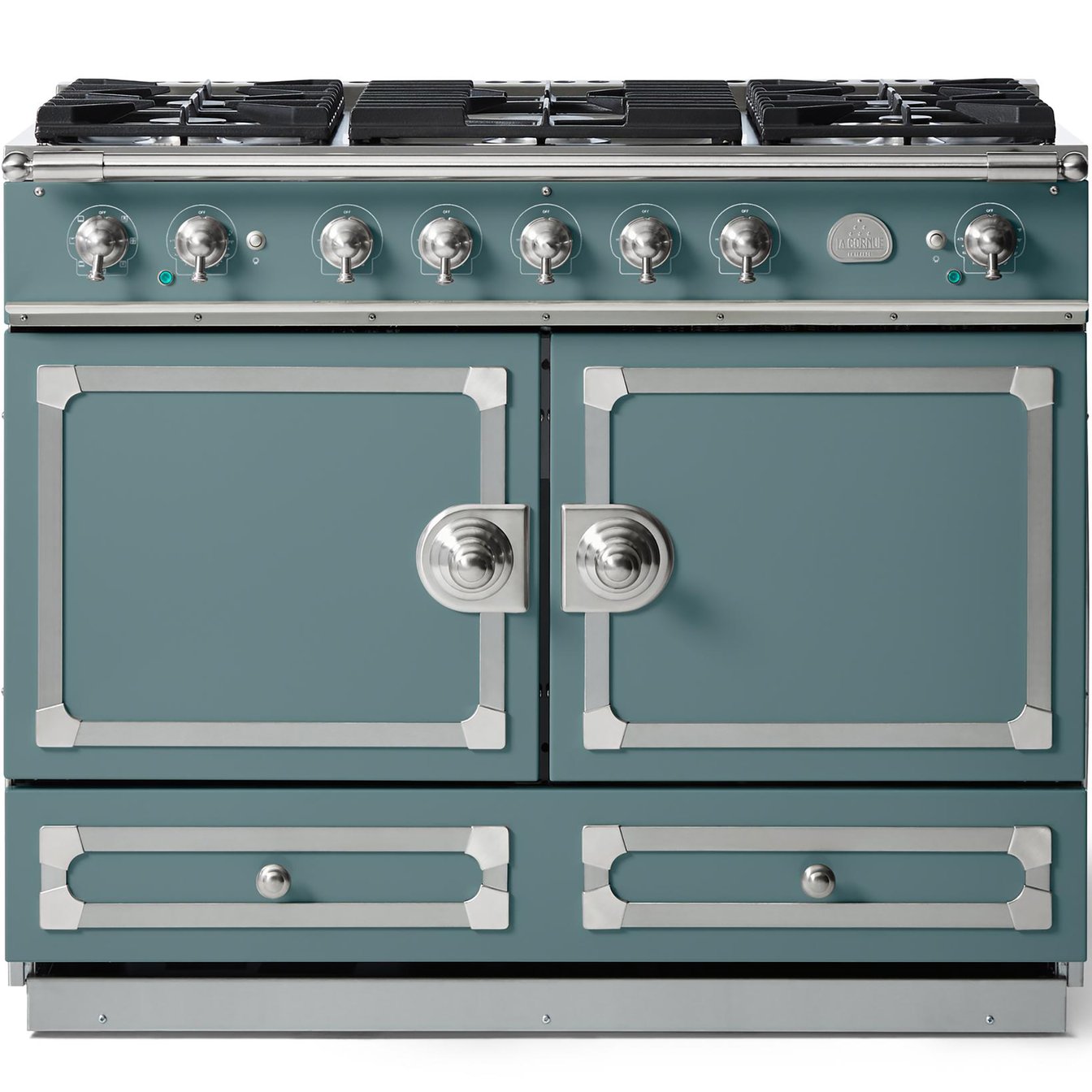 La Cornue 43 inch Double Oven Dual Fuel Range with Satin Chrome Detail