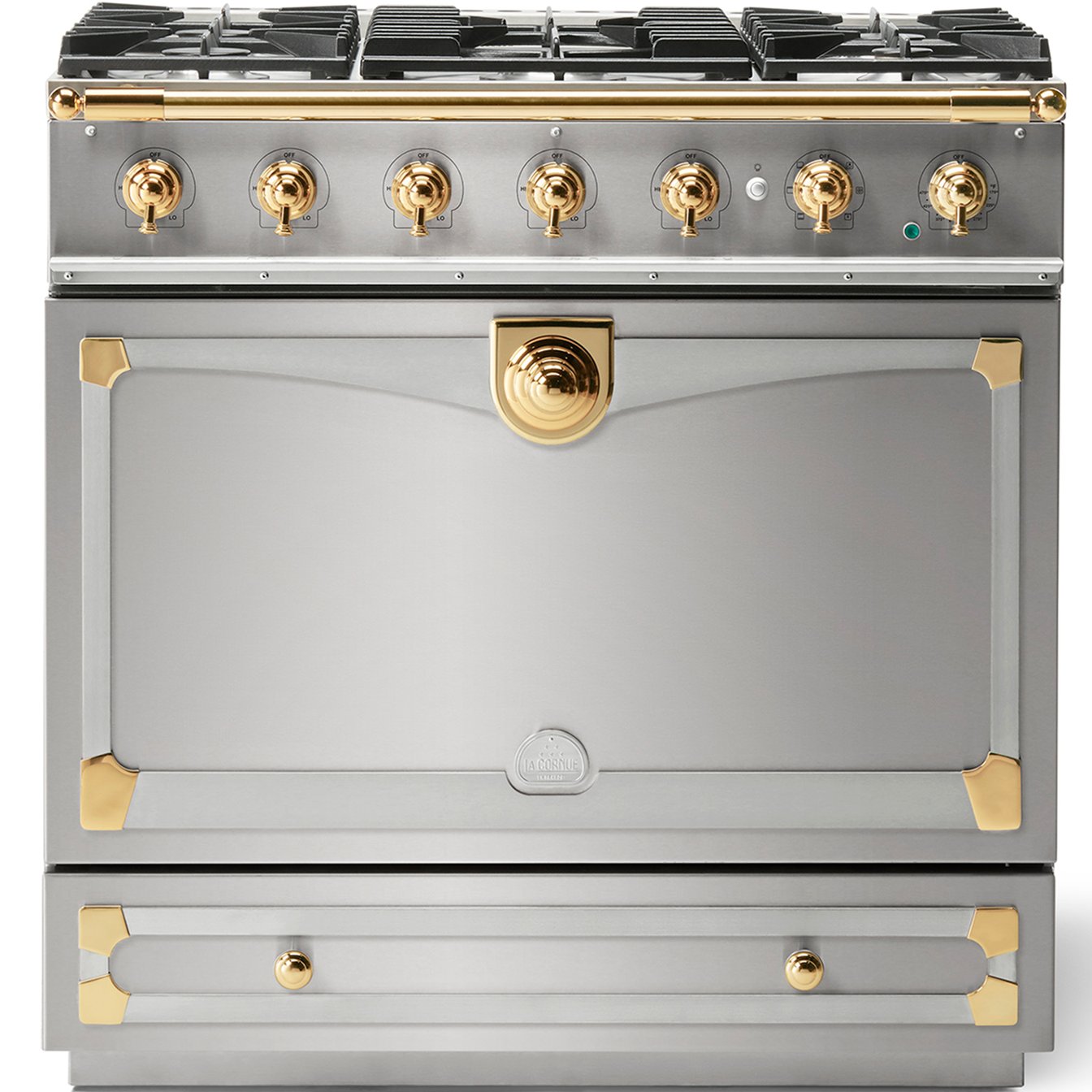 La Cornue 35 inch Single Oven Dual Fuel Range with Polished Brass Detail