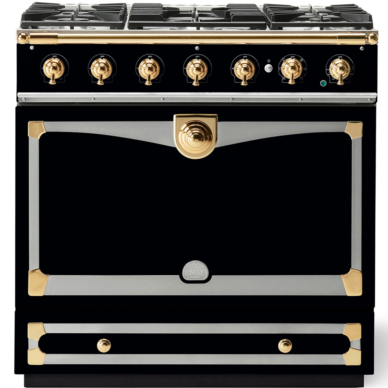 La Cornue 35 inch Single Oven Dual Fuel Range with Polished Brass Detail