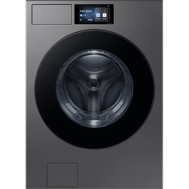 Samsung Black Steel 6.1 cu.ft Stackable Front Load Washer and 7.6 cu.ft. Steam Vented Dryer