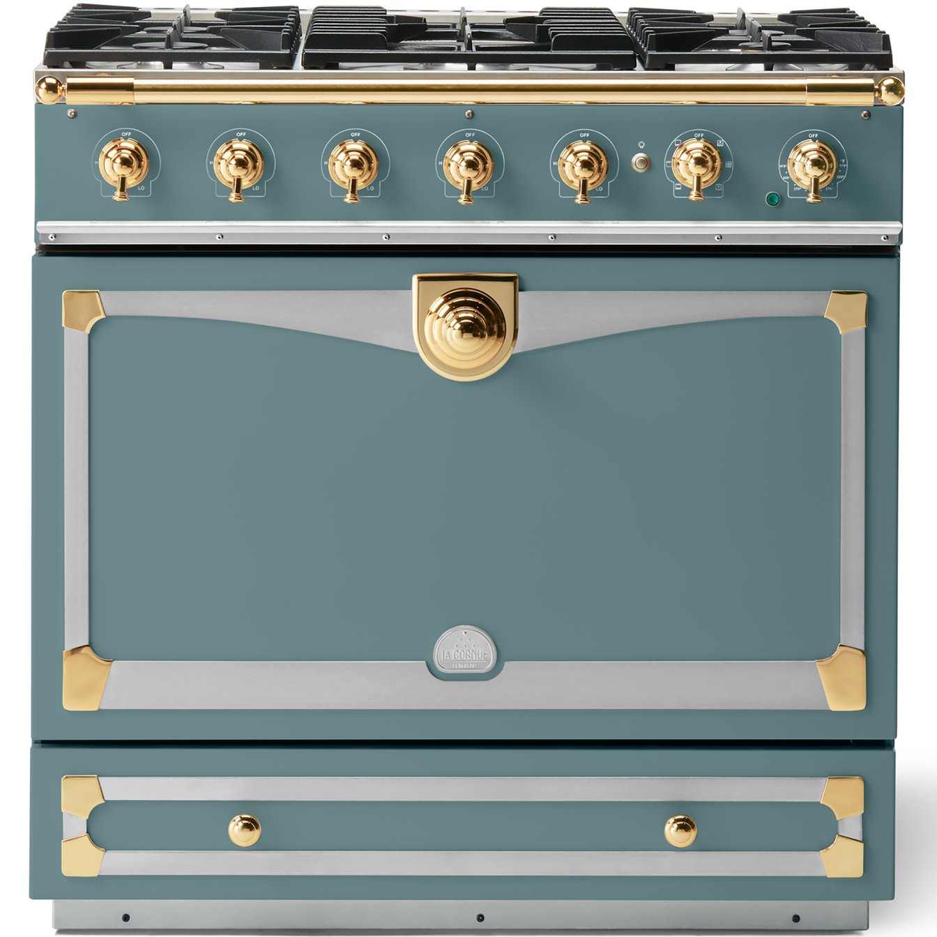La Cornue 35 inch Single Oven Dual Fuel Range with Polished Brass Detail