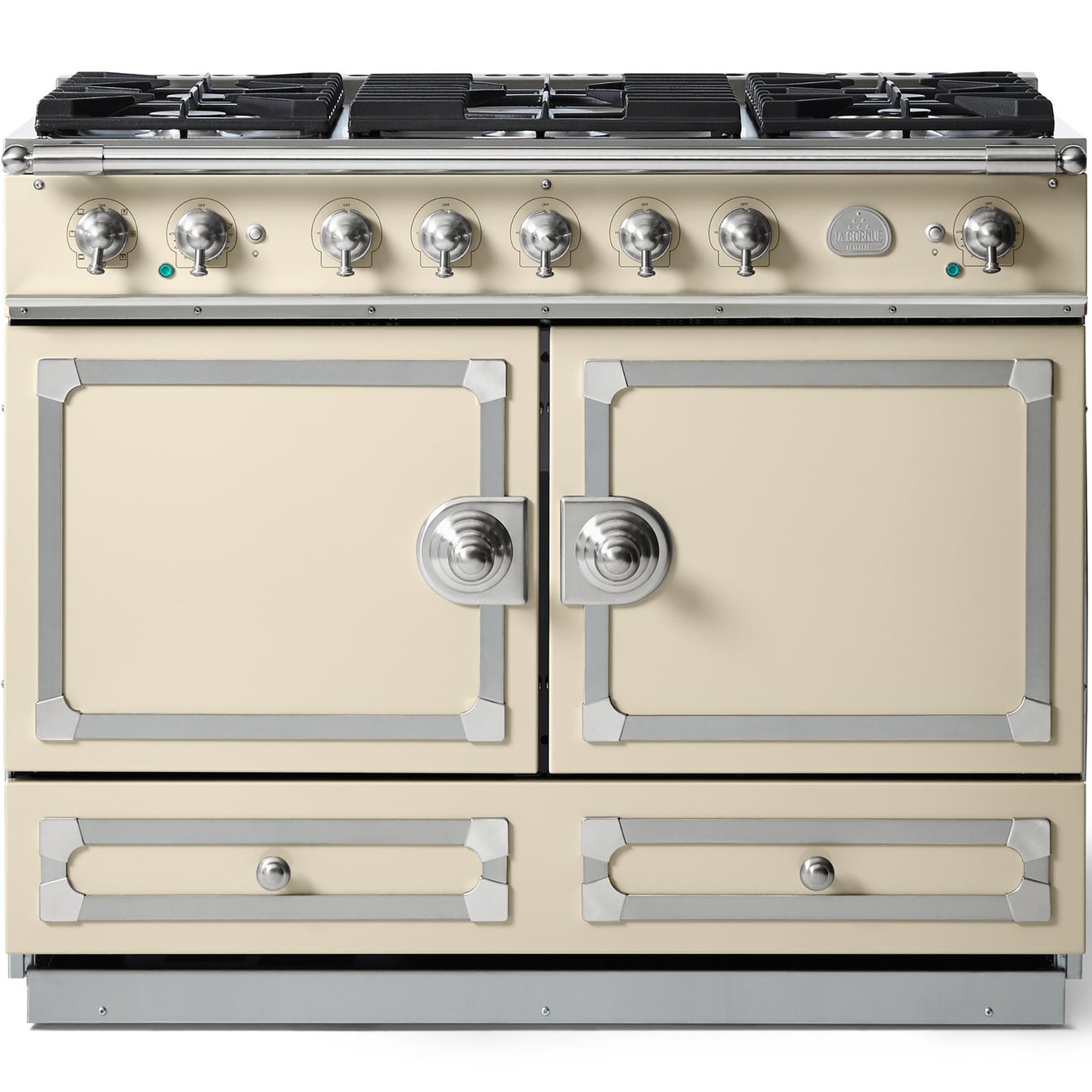 La Cornue 43 inch Double Oven Dual Fuel Range with Satin Chrome Detail