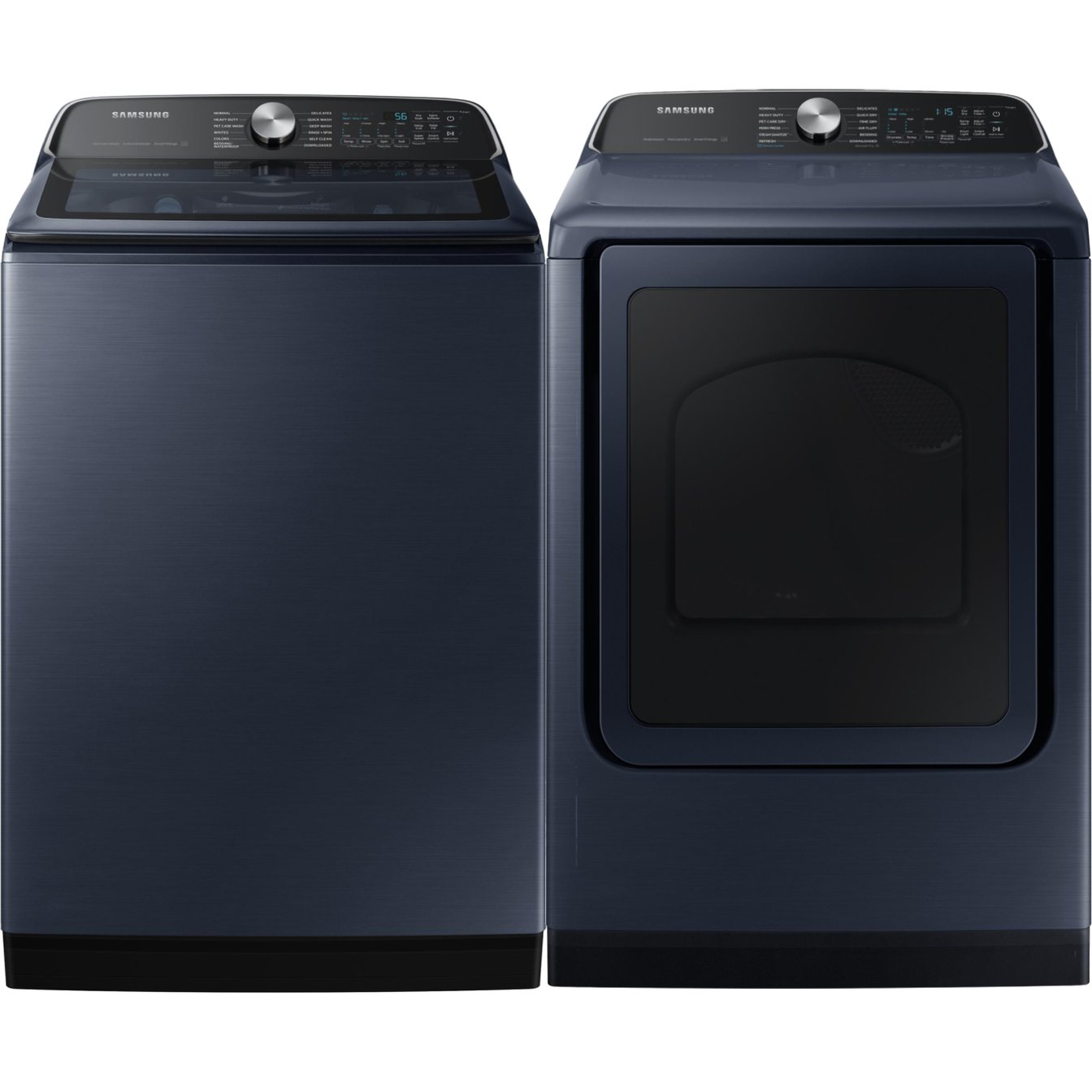 Samsung Navy Steel 6.2 cu.ft. Top-Load Washer and 7.4 cu.ft. Steam Vented Dryer