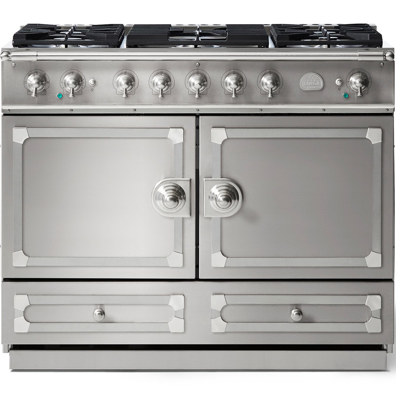 La Cornue 43 inch Double Oven Dual Fuel Range with Brushed Nickel Detail