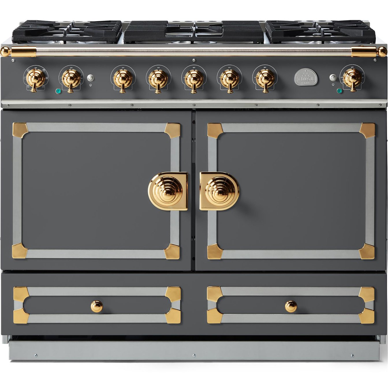La Cornue 43 inch Double Oven Dual Fuel Range with Polished Brass Detail