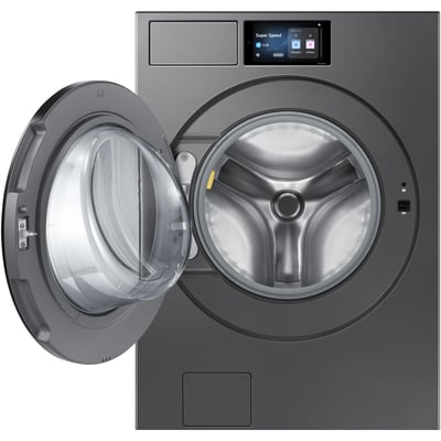 Samsung Black Steel 6.1 cu.ft Stackable Front Load Washer and 7.6 cu.ft. Steam Vented Dryer