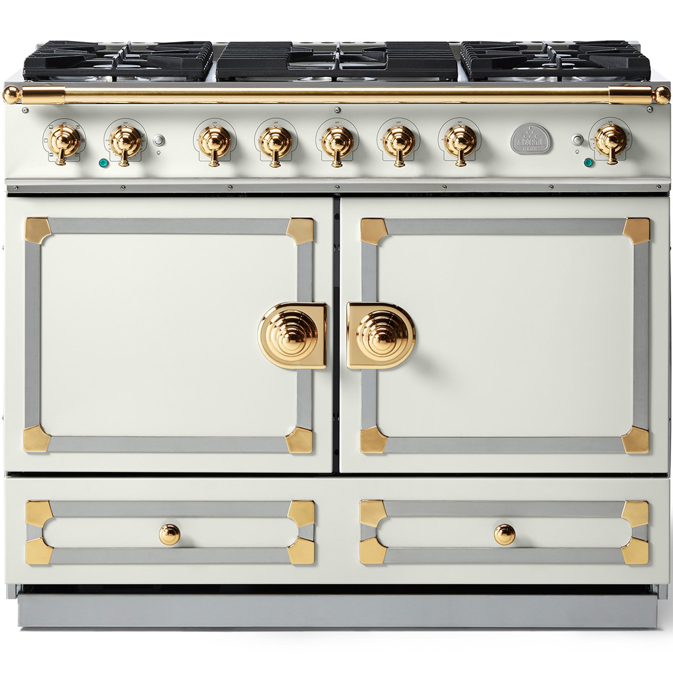 La Cornue 43 inch Double Oven Dual Fuel Range with Polished Brass Detail