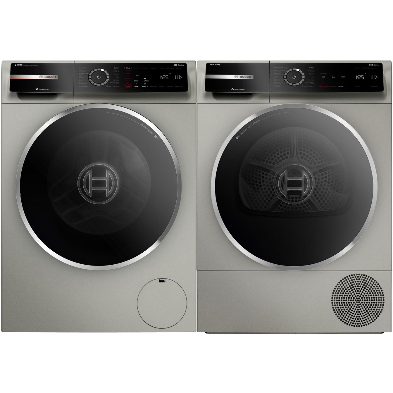 Bosch Grey 800 Series 2.4 cu.ft. Stackable Front Load Washer and 4.0 cu.ft. Heat Pump Dryer