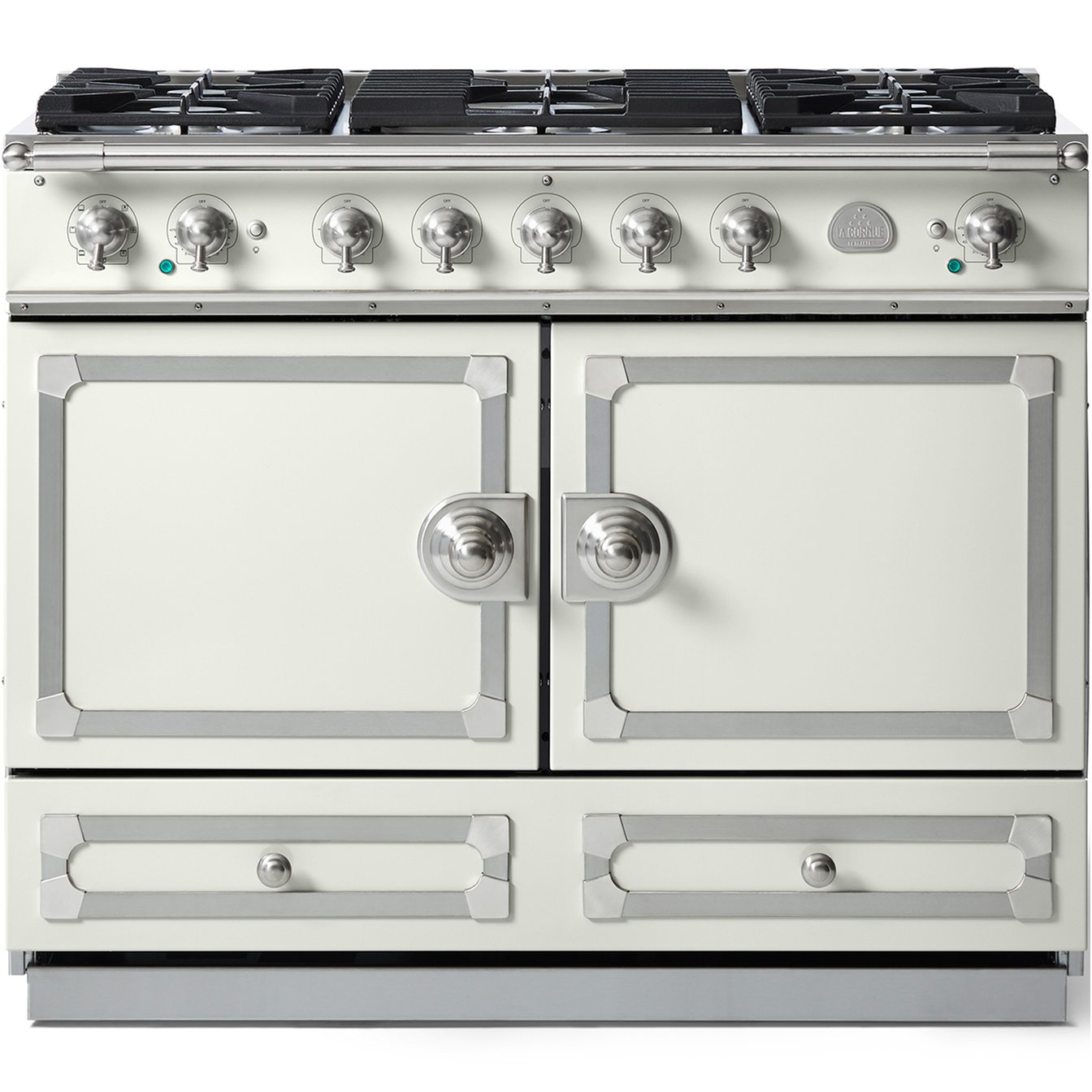 La Cornue 43 inch Double Oven Dual Fuel Range with Brushed Nickel Detail