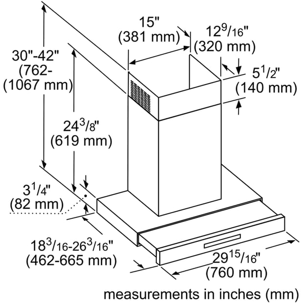 Thermador 30 inch 600 CFM Drawer Chimney Wall Hoodfan